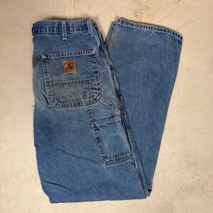 Vintage Carhartt B65DST Carpenter Jeans Mens 36x34 Blue Denim USA Distressed